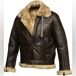 Men Aviator Brown RAF B3 Flying Pilot Bomber Shearling Fur Real Leather Jacket M